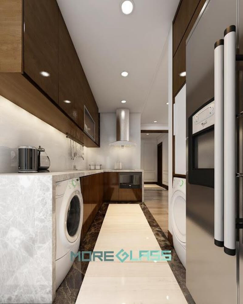 Thiết kế kính ốp bếp màu trắng MG-034 nhẹ nhàng, hiện đại cho chung cư Thiết kế phòng bếp, tủ bếp đẹp